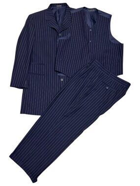 VITTORIO ST ANGELO Pinstripe Luxury Designer 3-Piece Blue Business Suit Mens 44R
